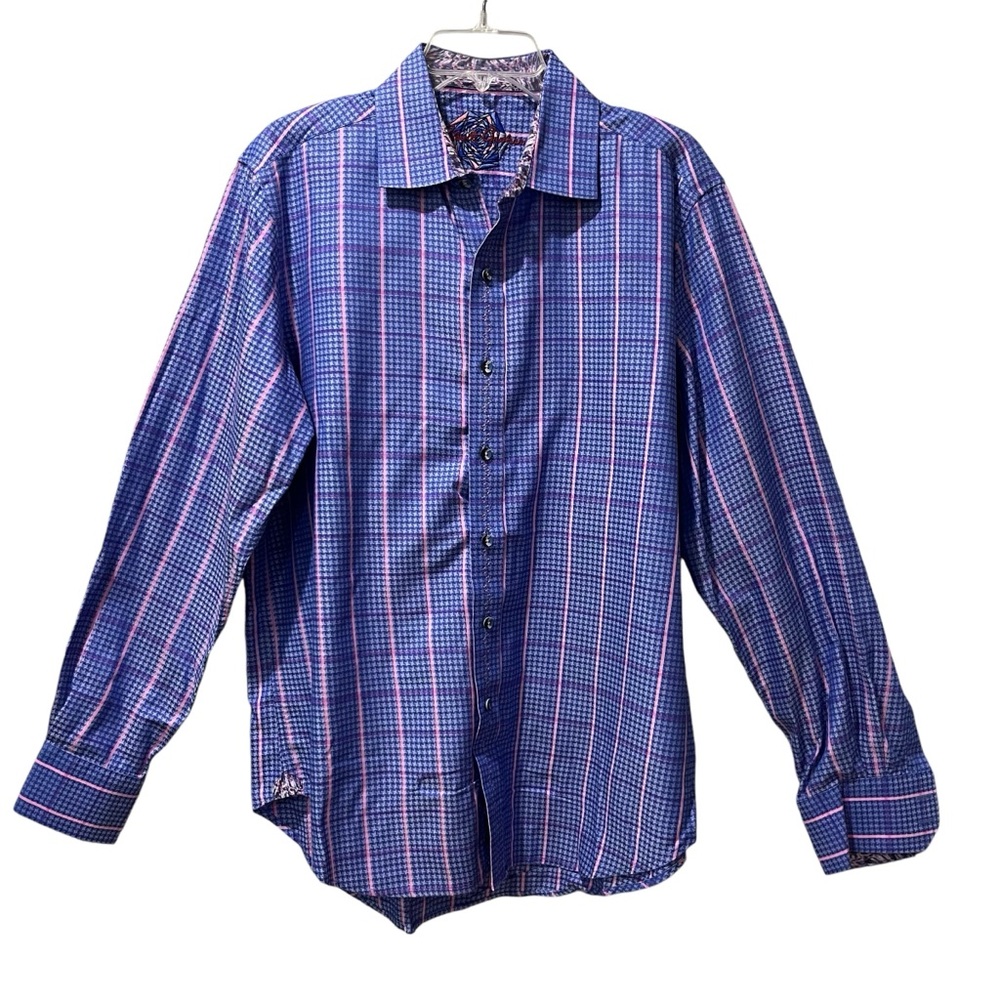 Robert Graham Shirt Mens Large Blue Pink Abstract Flip Cuff‎ Plaid Classic Fit